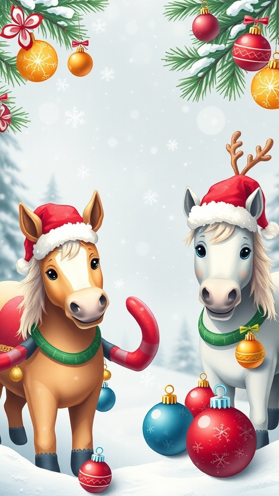 Cute horses in Christmas attire in a snowy landscape with festive decorations.